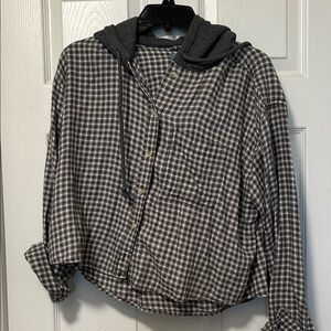 American Eagle Outfitters Black and Gray Plaid Cropped Hooded Button Down.